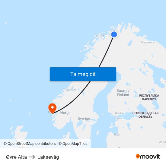 Øvre Alta to Laksevåg map