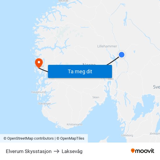 Elverum Skysstasjon to Laksevåg map