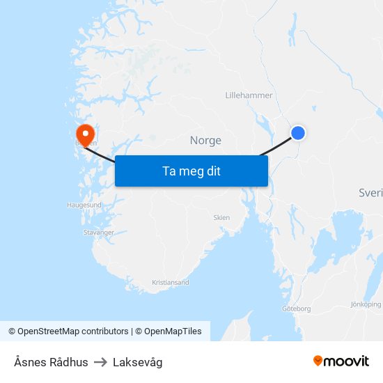 Åsnes Rådhus to Laksevåg map