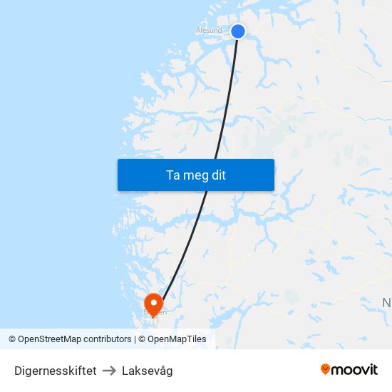 Digernesskiftet to Laksevåg map