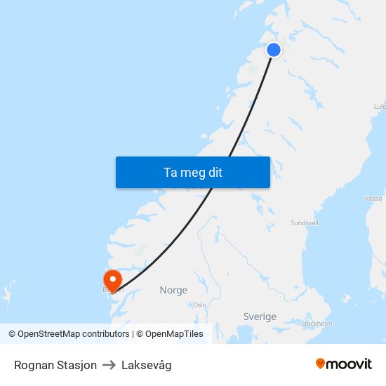 Rognan Stasjon to Laksevåg map