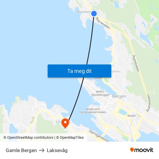 Gamle Bergen to Laksevåg map