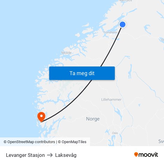 Levanger Stasjon to Laksevåg map