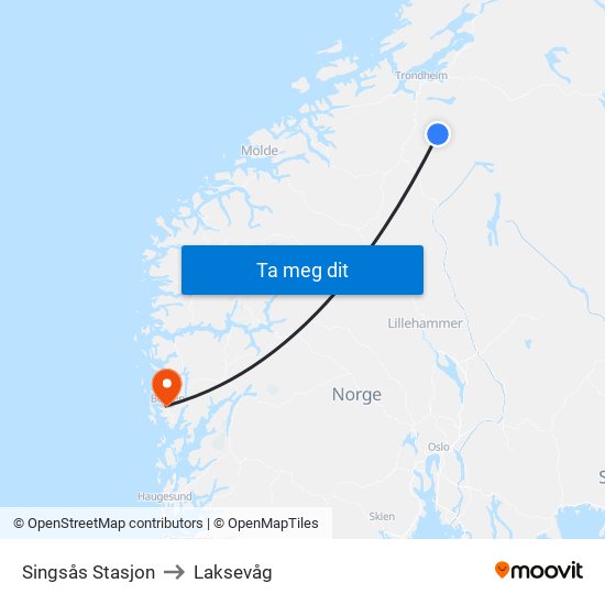 Singsås Stasjon to Laksevåg map