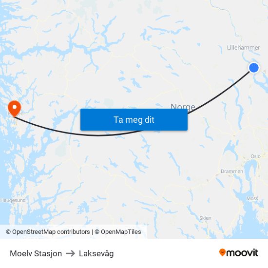 Moelv Stasjon to Laksevåg map