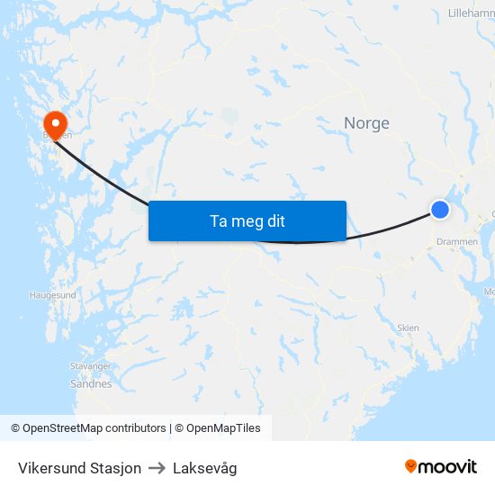 Vikersund Stasjon to Laksevåg map