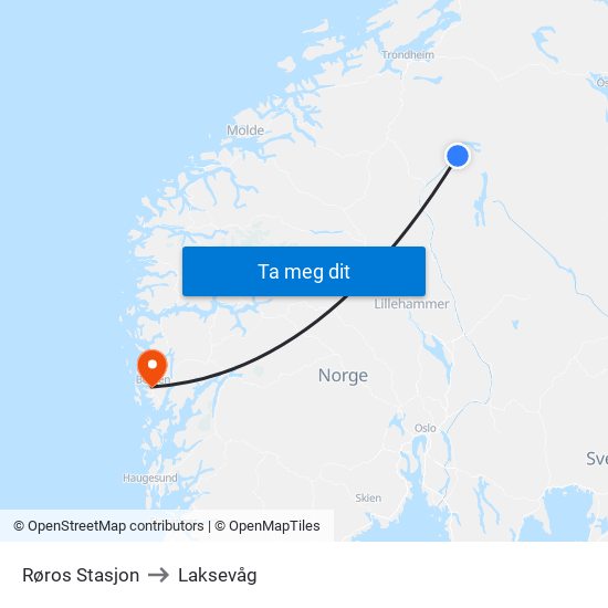 Røros Stasjon to Laksevåg map