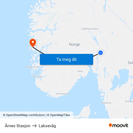 Årnes Stasjon to Laksevåg map