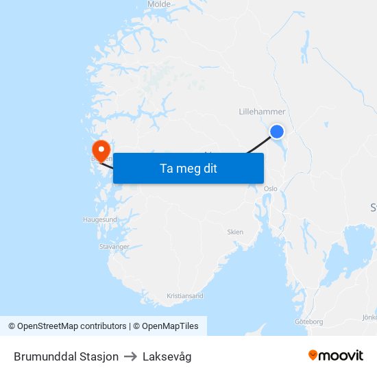 Brumunddal Stasjon to Laksevåg map