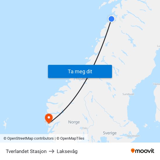 Tverlandet Stasjon to Laksevåg map