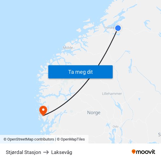 Stjørdal Stasjon to Laksevåg map