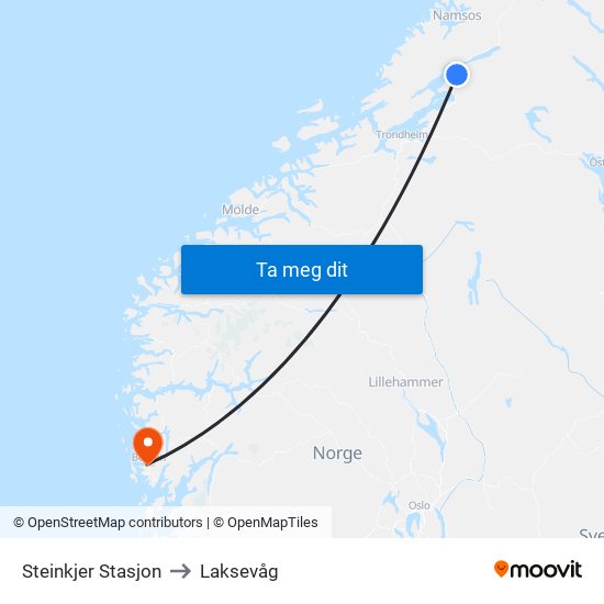 Steinkjer Stasjon to Laksevåg map