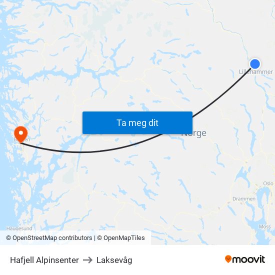 Hafjell Alpinsenter to Laksevåg map