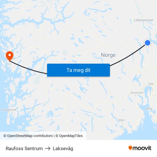Raufoss Sentrum to Laksevåg map