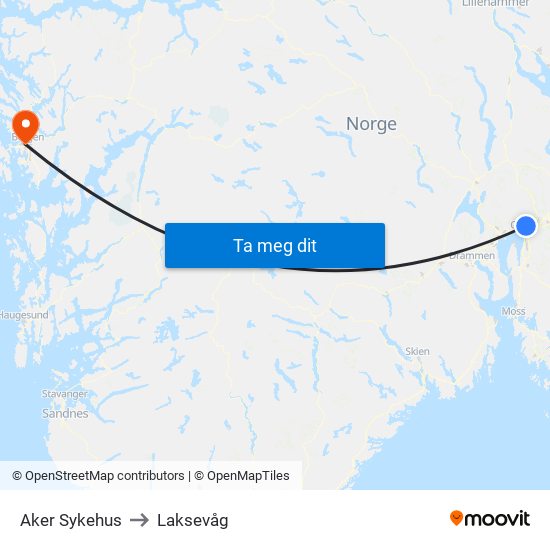 Aker Sykehus to Laksevåg map