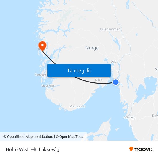 Holte Vest to Laksevåg map