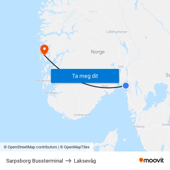 Sarpsborg Bussterminal to Laksevåg map