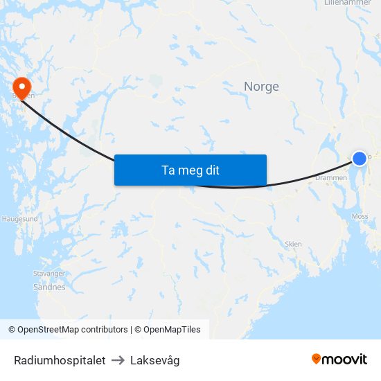 Radiumhospitalet to Laksevåg map