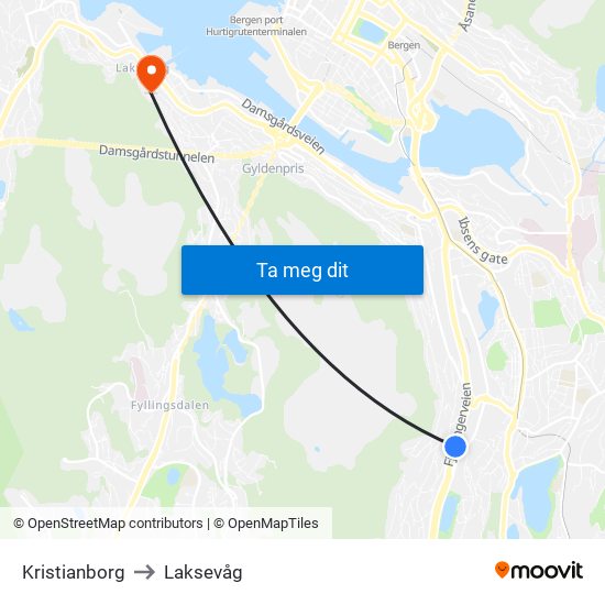 Kristianborg to Laksevåg map