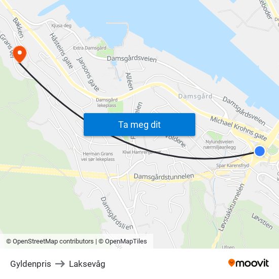 Gyldenpris to Laksevåg map