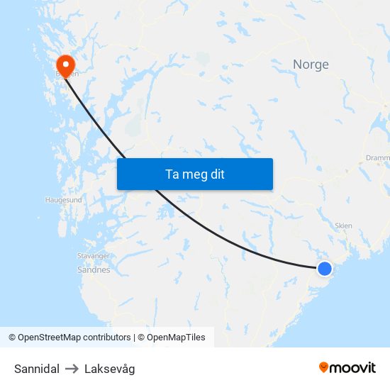 Sannidal to Laksevåg map