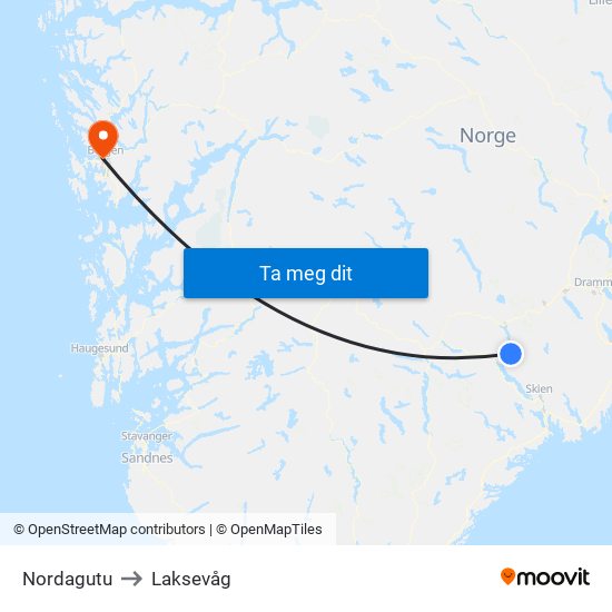 Nordagutu to Laksevåg map