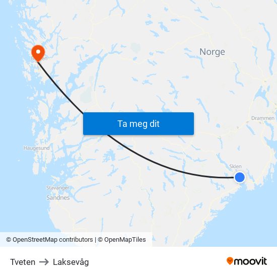 Tveten to Laksevåg map