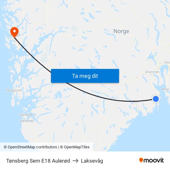 Tønsberg Sem E18 Aulerød to Laksevåg map