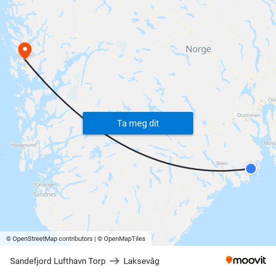 Sandefjord Lufthavn Torp to Laksevåg map