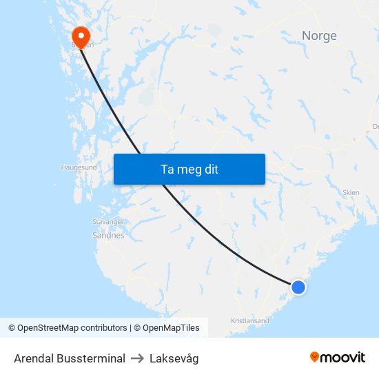 Arendal Bussterminal to Laksevåg map