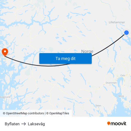 Byflaten to Laksevåg map