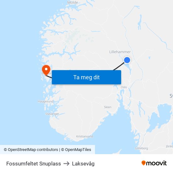 Fossumfeltet Snuplass to Laksevåg map
