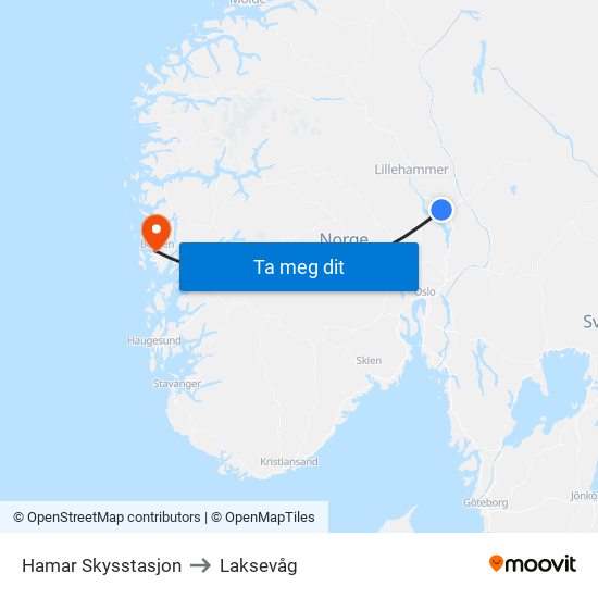 Hamar Skysstasjon to Laksevåg map