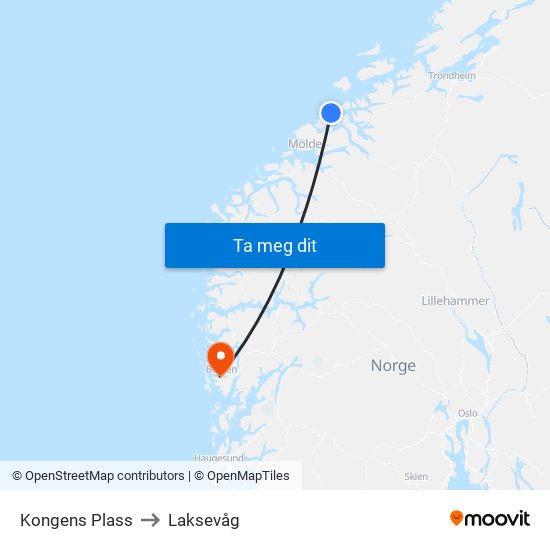 Kongens Plass to Laksevåg map