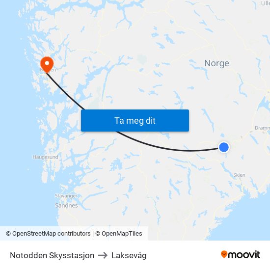 Notodden Skysstasjon to Laksevåg map