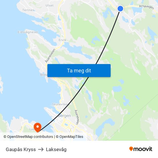 Gaupås Kryss to Laksevåg map
