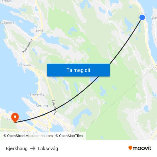 Bjørkhaug to Laksevåg map