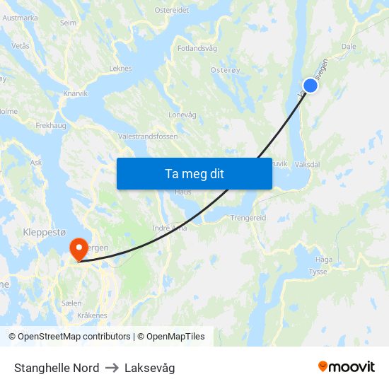 Stanghelle Nord to Laksevåg map