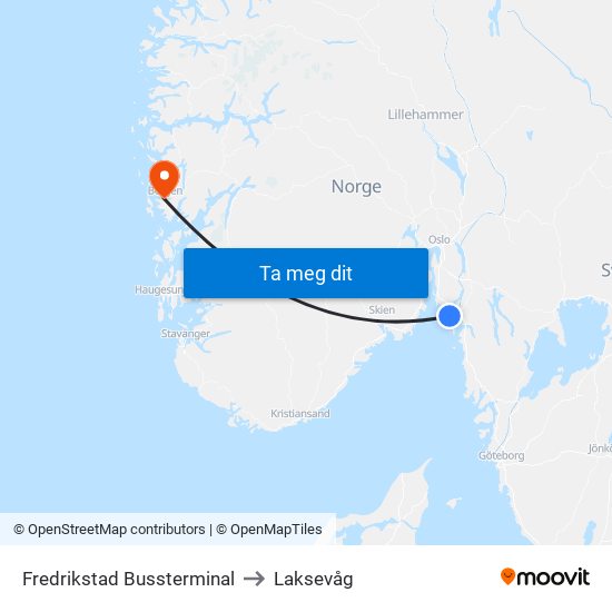 Fredrikstad Bussterminal to Laksevåg map