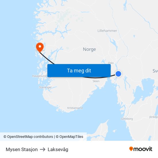Mysen Stasjon to Laksevåg map