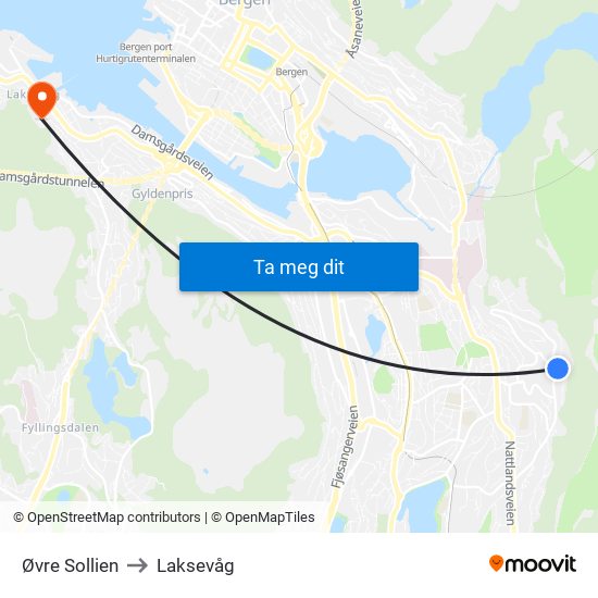Øvre Sollien to Laksevåg map