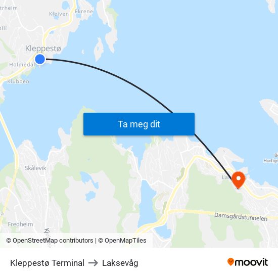 Kleppestø Terminal to Laksevåg map