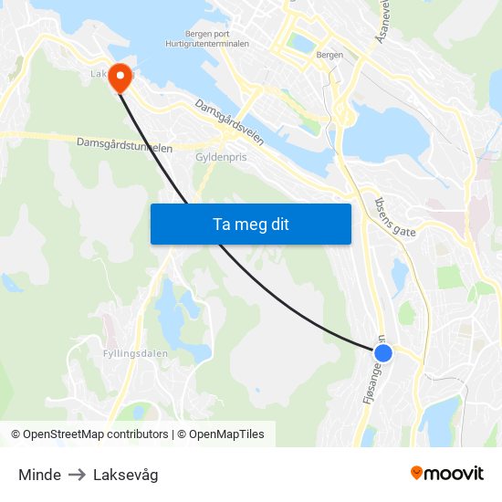 Minde to Laksevåg map