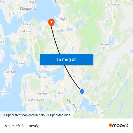 Valle to Laksevåg map