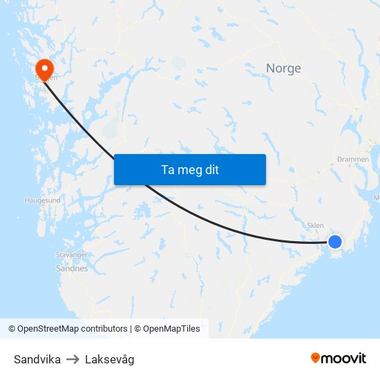 Sandvika to Laksevåg map