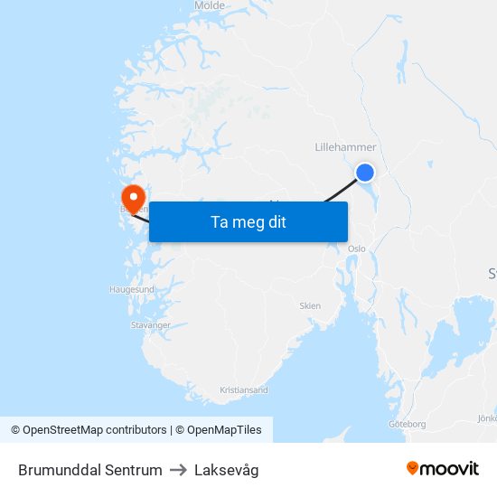 Brumunddal Sentrum to Laksevåg map