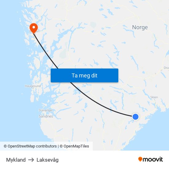 Mykland to Laksevåg map