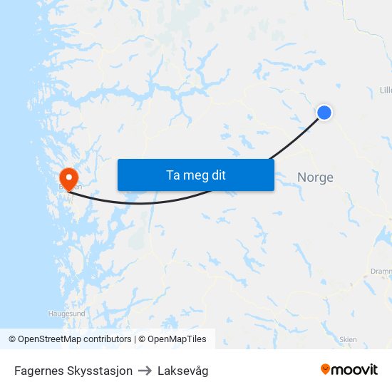 Fagernes Skysstasjon to Laksevåg map