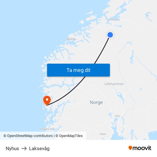 Nyhus to Laksevåg map