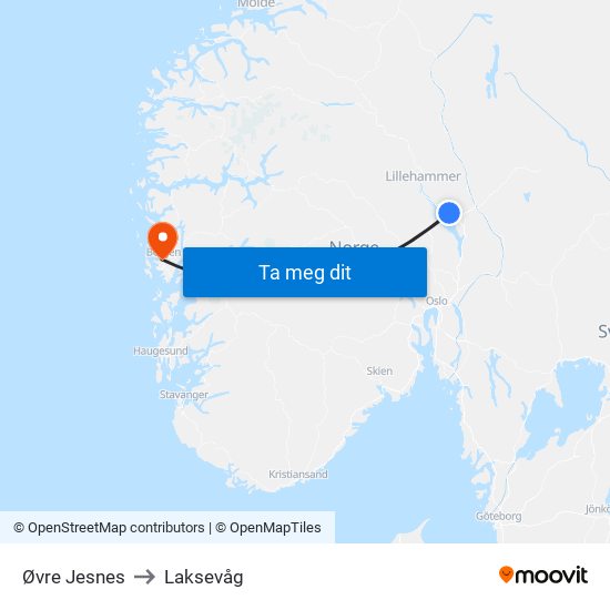 Øvre Jesnes to Laksevåg map